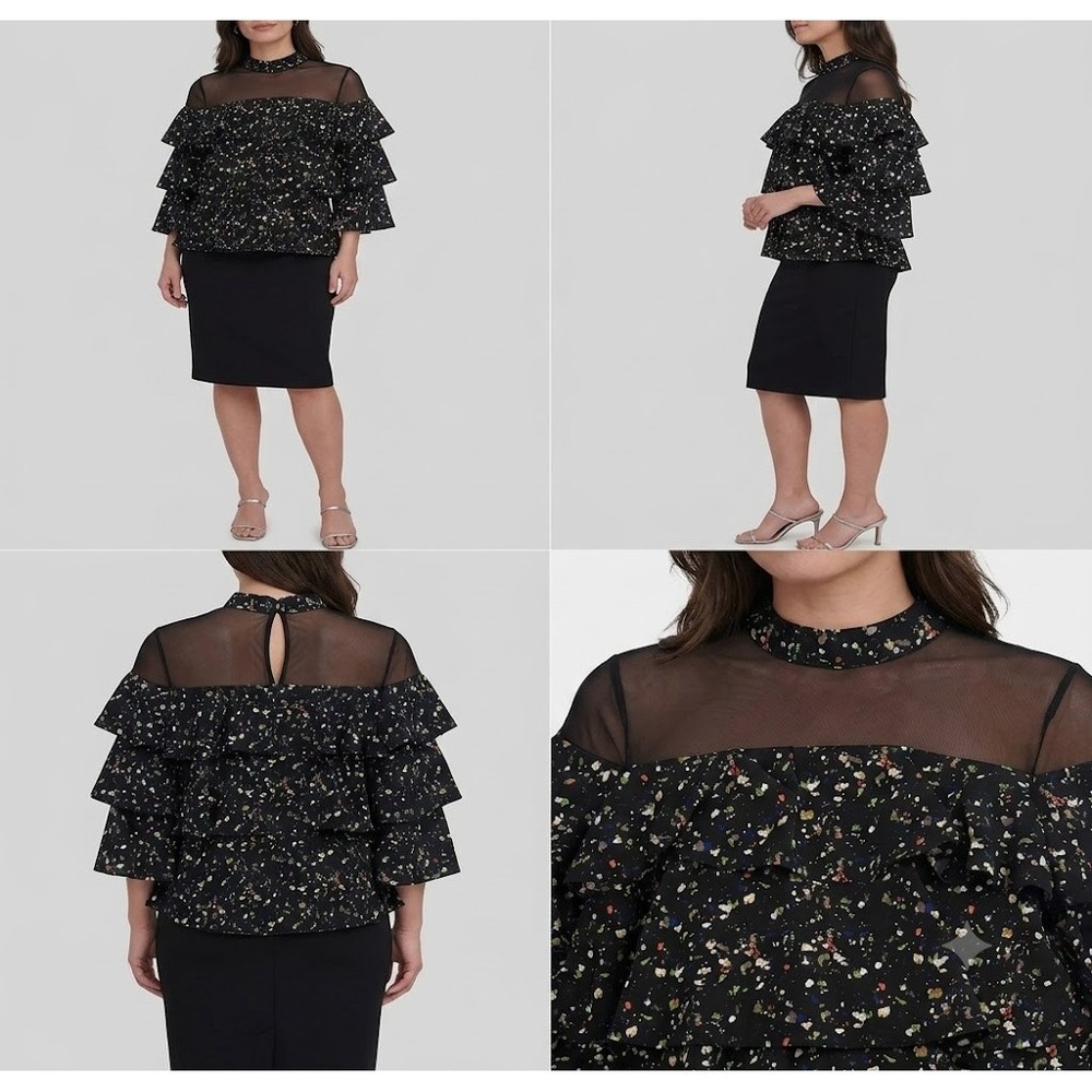P Luca Milano Blouse Womens M Black Pretty Colorful Layered Ruffles 3/4 Sleeve